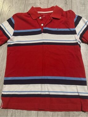 Tommy Hilfiger Red Polo with Navy, White & Light Blue Stripes